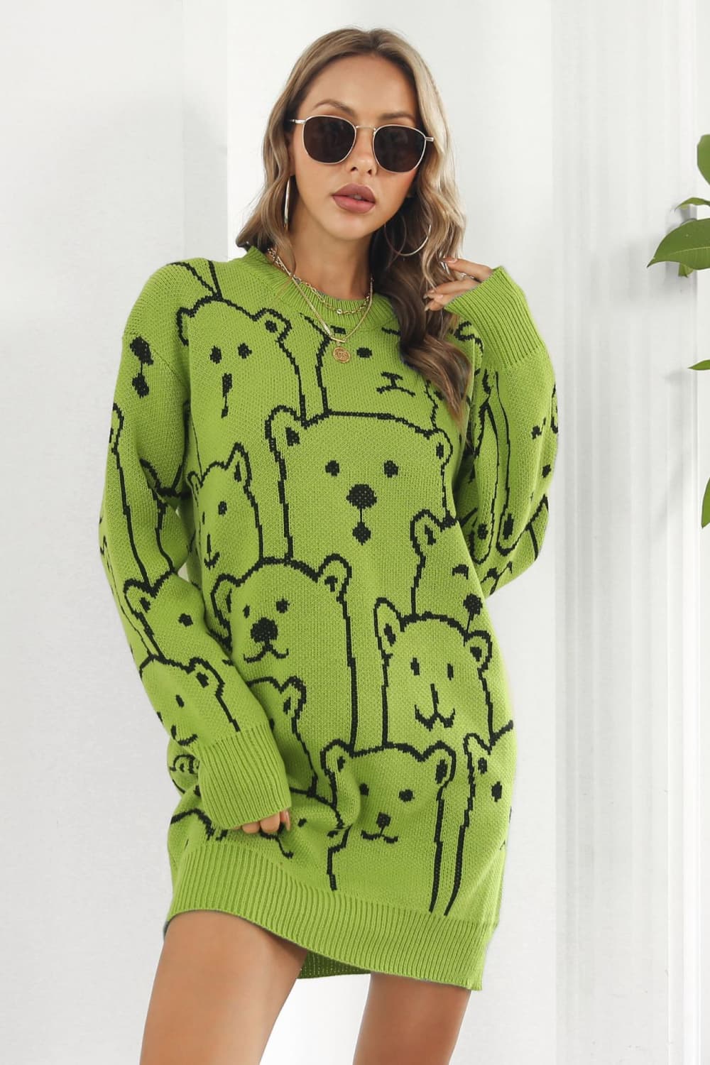 Bear Pattern Round Neck Sweater Dress free shipping -Oh Em Gee Boutique