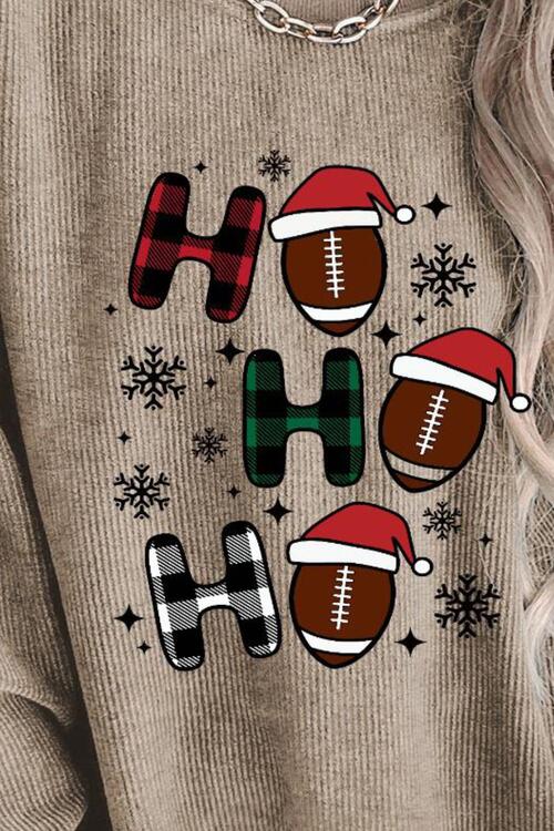 Christmas Football HO HO HO Graphic Ribbed Sweatshirt free shipping -Oh Em Gee Boutique