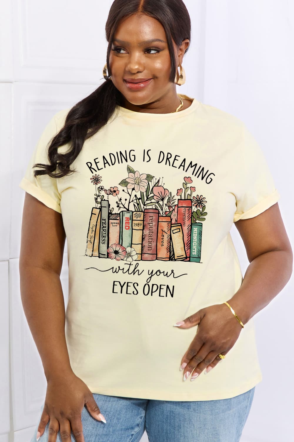 Simply Love Full Size READING IS DREAMING WITH YOUR EYES OPEN Graphic Cotton Tee free shipping -Oh Em Gee Boutique
