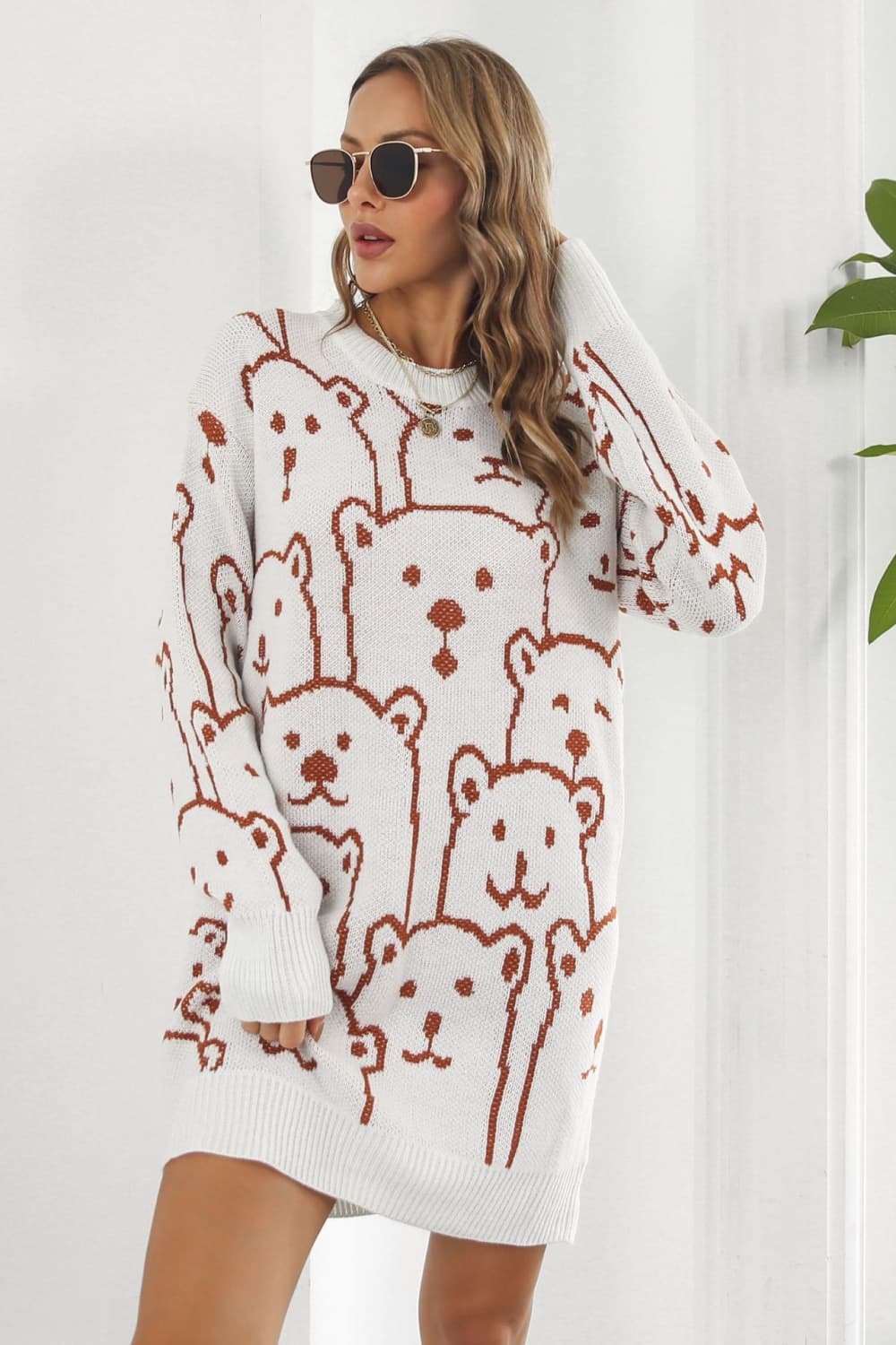 Bear Pattern Round Neck Sweater Dress free shipping -Oh Em Gee Boutique