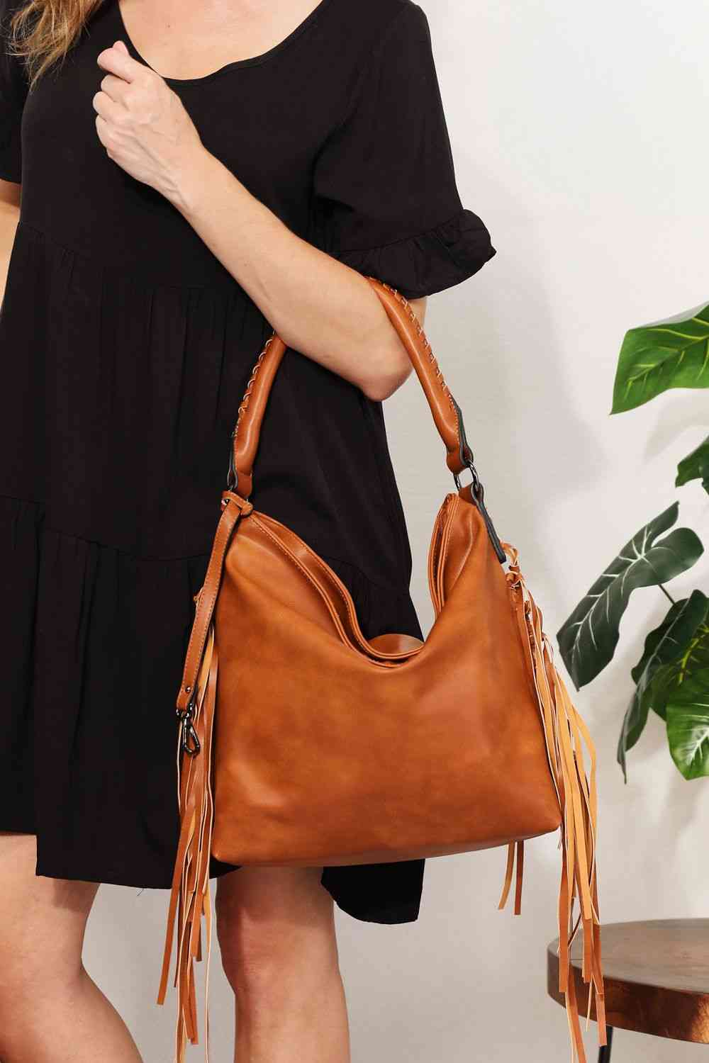 SHOMICO PU Leather Fringe Detail Shoulder Bag free shipping -Oh Em Gee Boutique
