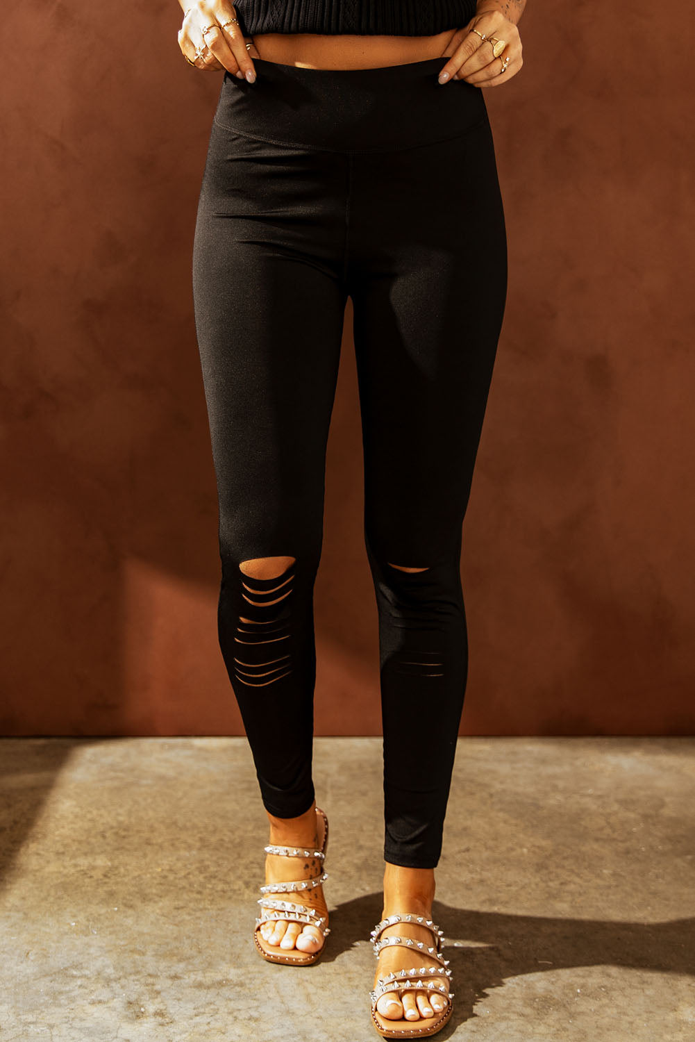Wide Waistband Distressed Slim Fit Leggings free shipping -Oh Em Gee Boutique