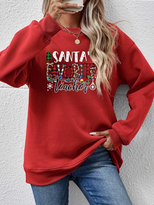 Letter Graphic Sweatshirt, Santa's Favorite Teacher free shipping -Oh Em Gee Boutique