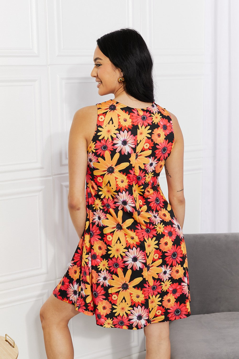 Yelete Full Size Floral Sleeveless Dress with Pockets free shipping -Oh Em Gee Boutique