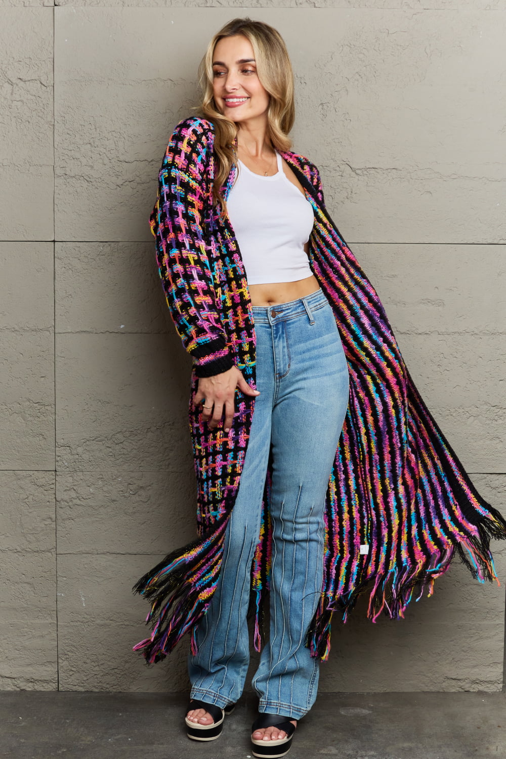 Multicolored Open Front Fringe Hem Cardigan free shipping -Oh Em Gee Boutique