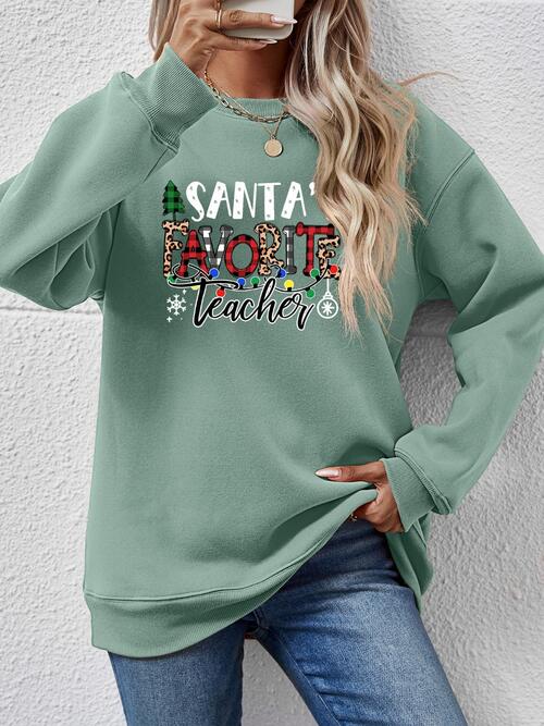 Letter Graphic Sweatshirt, Santa's Favorite Teacher free shipping -Oh Em Gee Boutique
