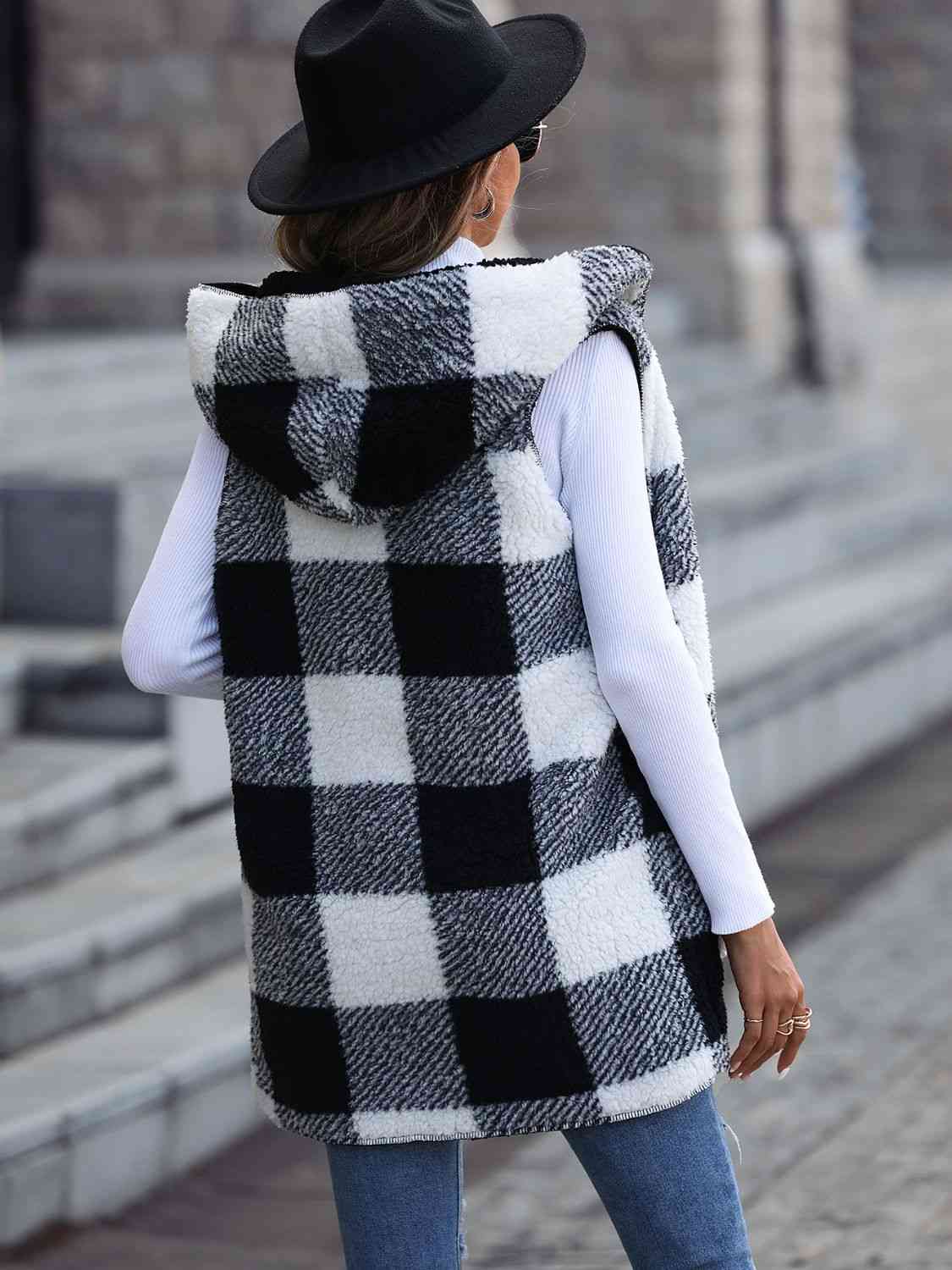 Plaid Hooded Vest with Pockets free shipping -Oh Em Gee Boutique