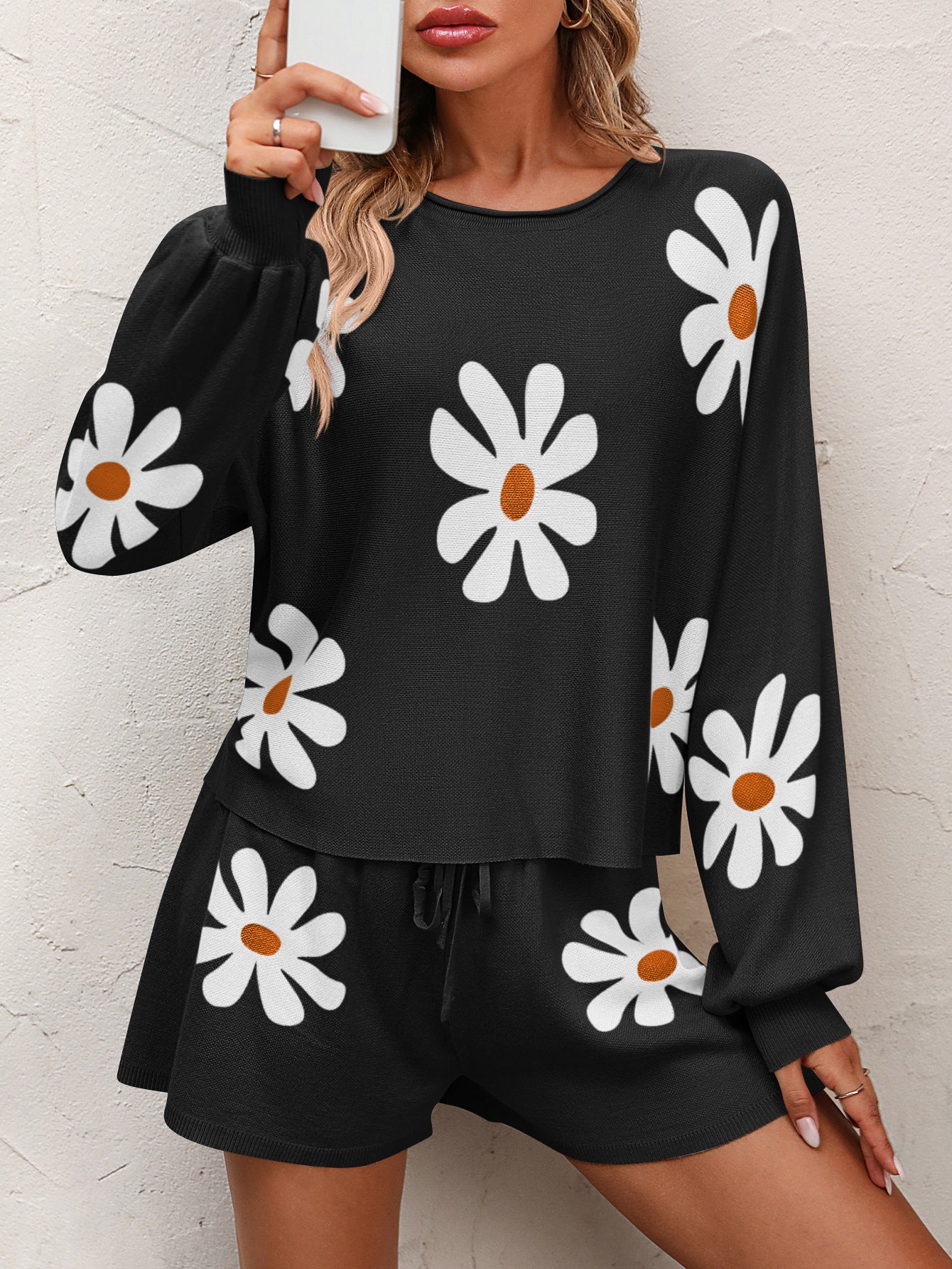 Floral Print Raglan Sleeve Knit Top and Tie Front Sweater Shorts Set free shipping -Oh Em Gee Boutique