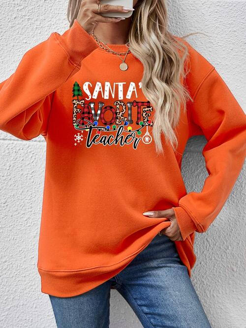 Letter Graphic Sweatshirt, Santa's Favorite Teacher free shipping -Oh Em Gee Boutique