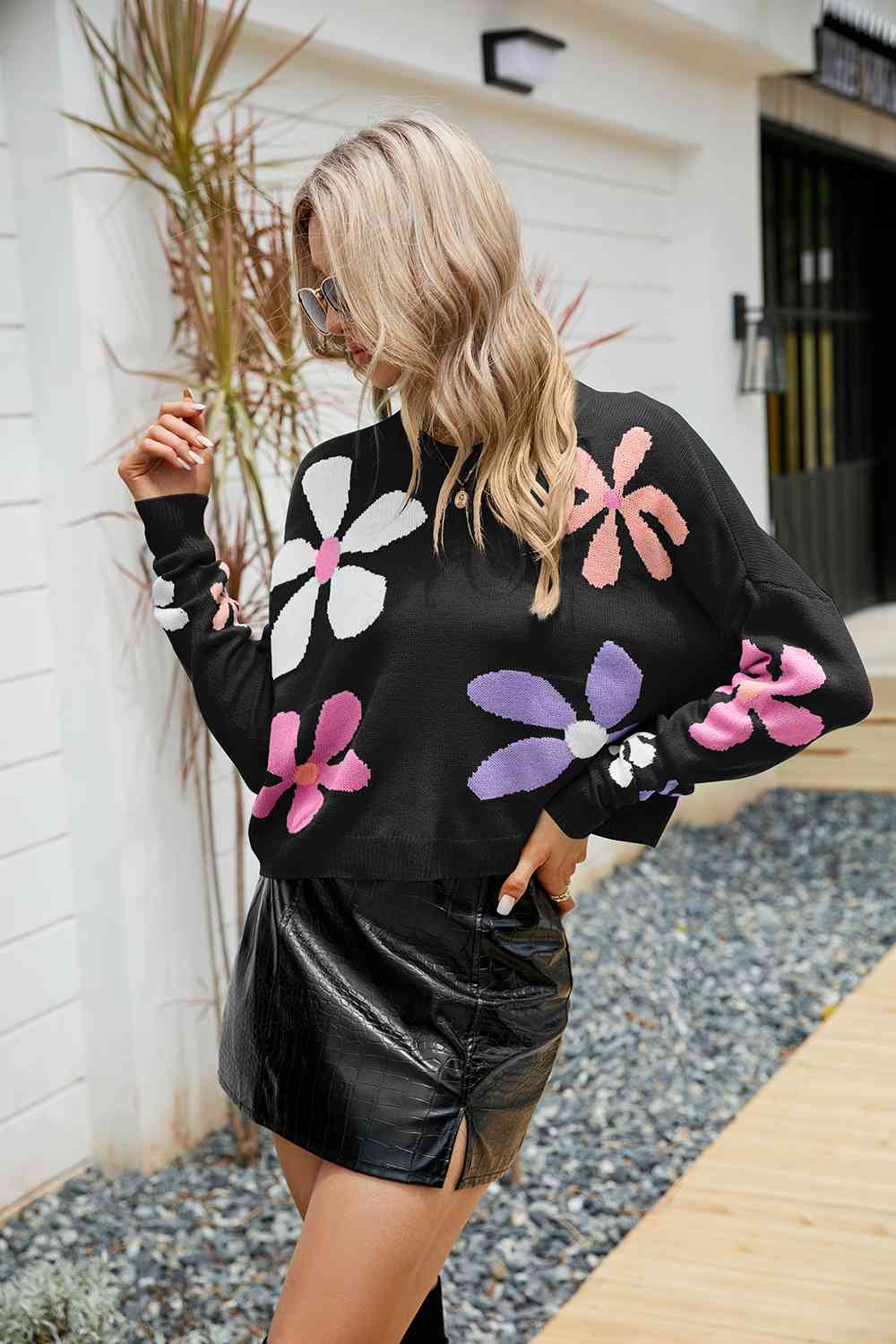 Flower Round Neck Drop Shoulder Sweater free shipping -Oh Em Gee Boutique