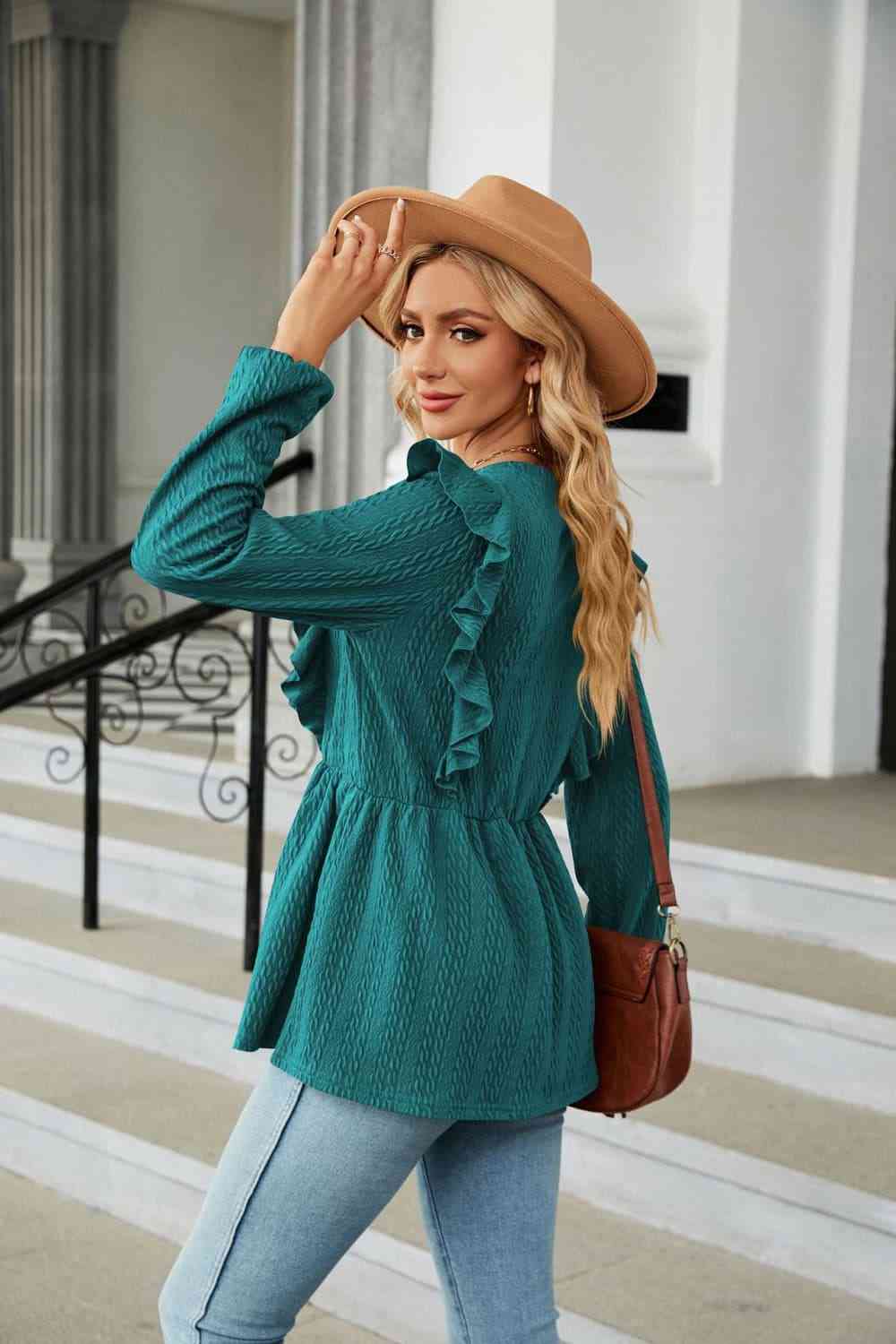 Round Neck Ruffled Peplum Blouse free shipping -Oh Em Gee Boutique
