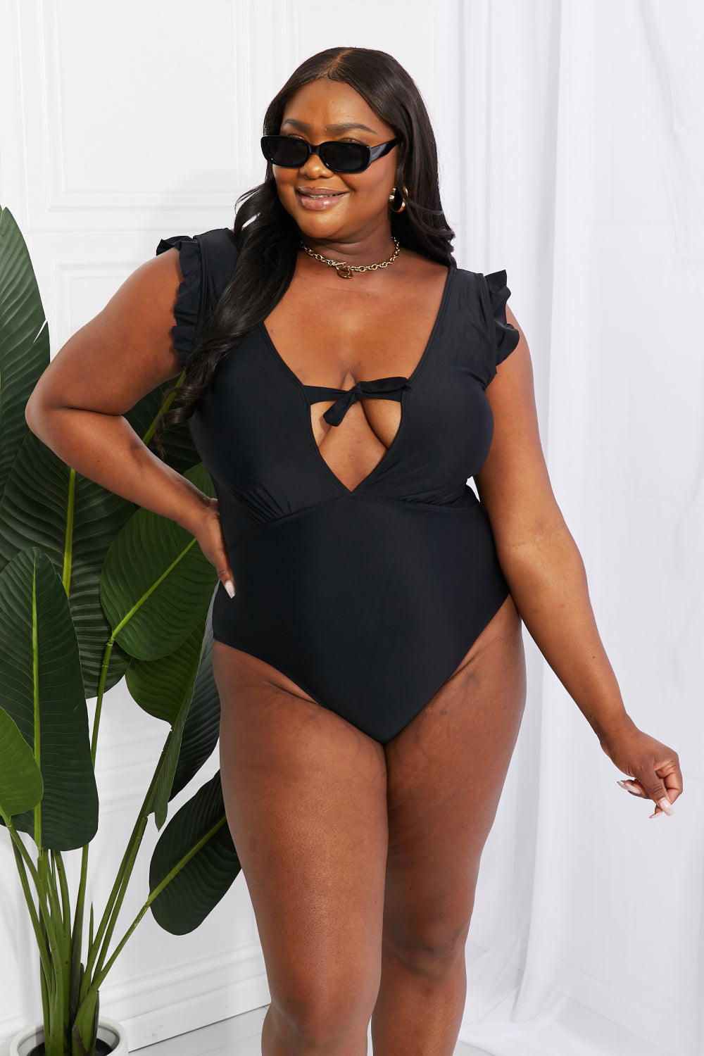 Marina West Swim Seashell Ruffle Sleeve One-Piece in Black free shipping -Oh Em Gee Boutique