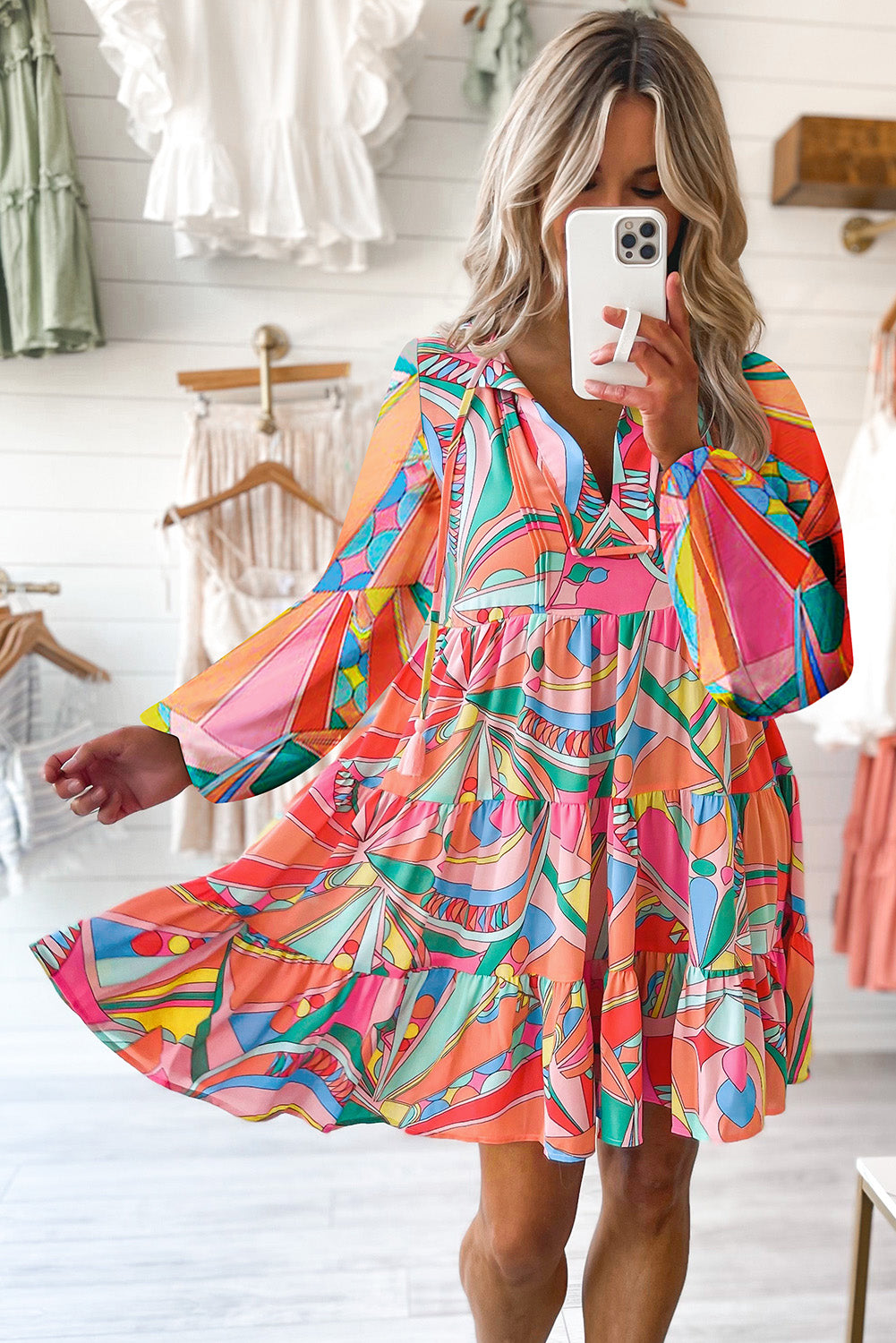 Printed Long Sleeve Tie Neck Mini Dress free shipping -Oh Em Gee Boutique