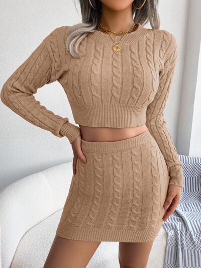 Cable-Knit Round Neck Top and Skirt Sweater Set free shipping -Oh Em Gee Boutique