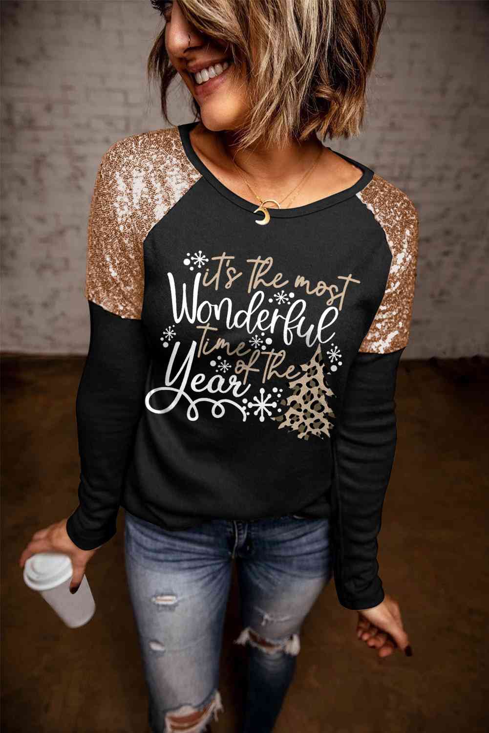 Christmas Sequin Slogan Graphic T-Shirt free shipping -Oh Em Gee Boutique