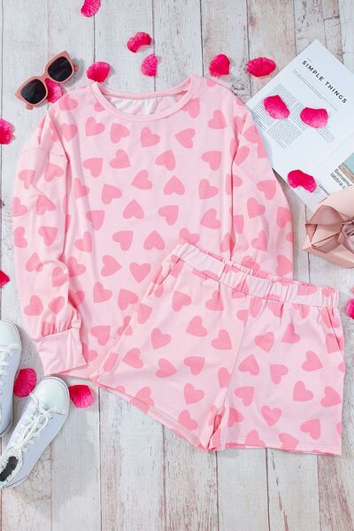 Heart Print Round Neck Top and Shorts Lounge Set free shipping -Oh Em Gee Boutique