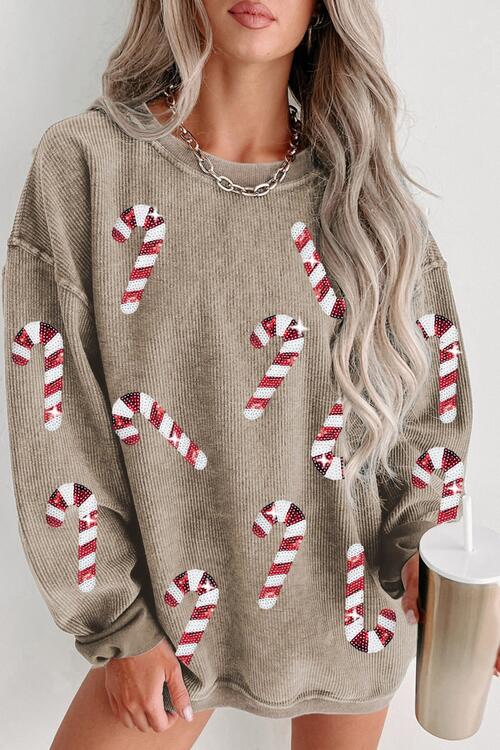 Christmas Sequin Candy Cane Round Neck Sweatshirt free shipping -Oh Em Gee Boutique