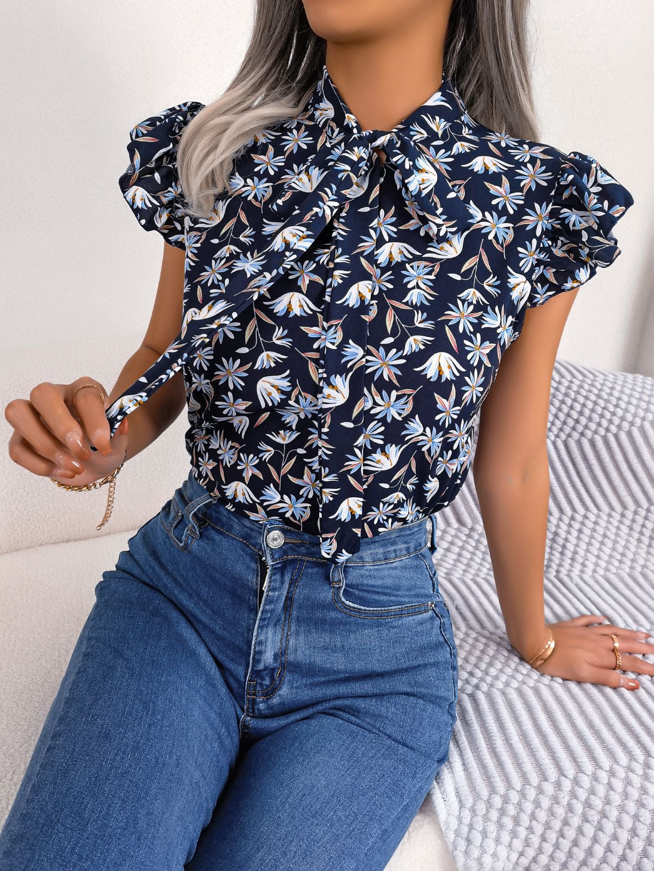 Floral Tie Neck Flutter Sleeve Blouse free shipping -Oh Em Gee Boutique