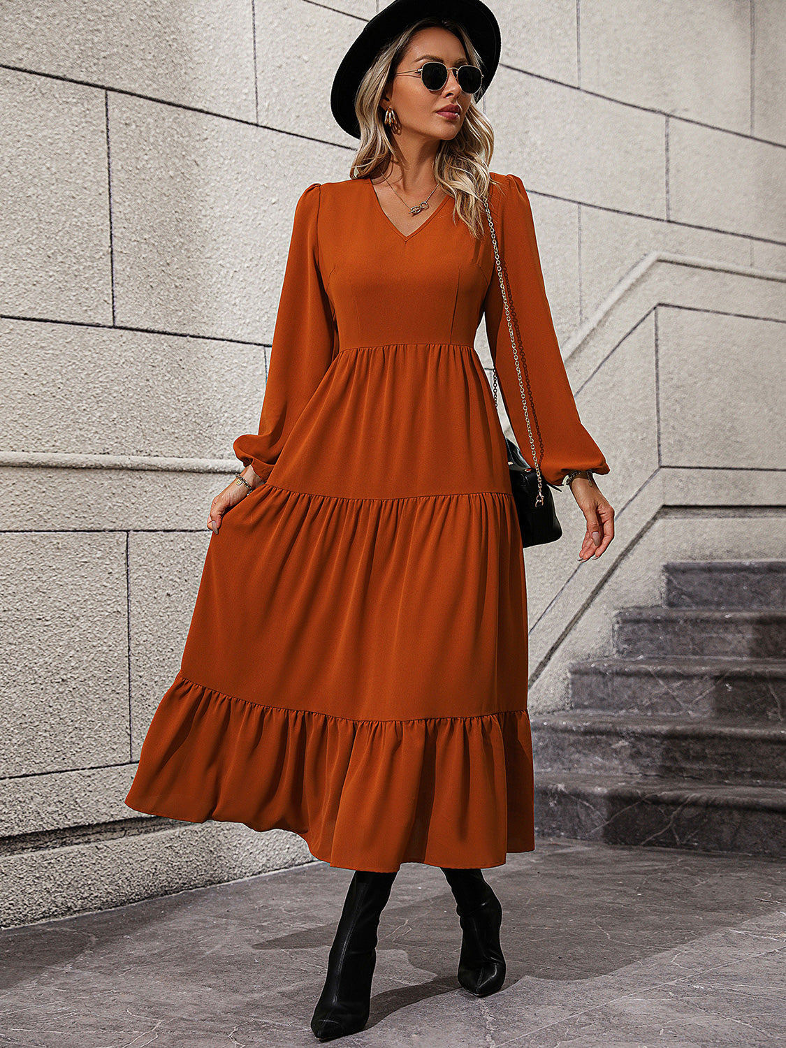 V-Neck Long Sleeve Tiered Dress free shipping -Oh Em Gee Boutique