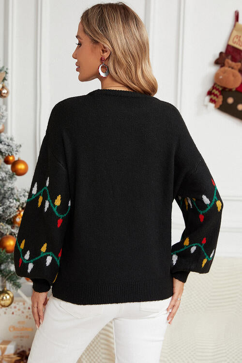 Christmas Lights, Round Neck Pattern Lantern Sleeve Sweater free shipping -Oh Em Gee Boutique