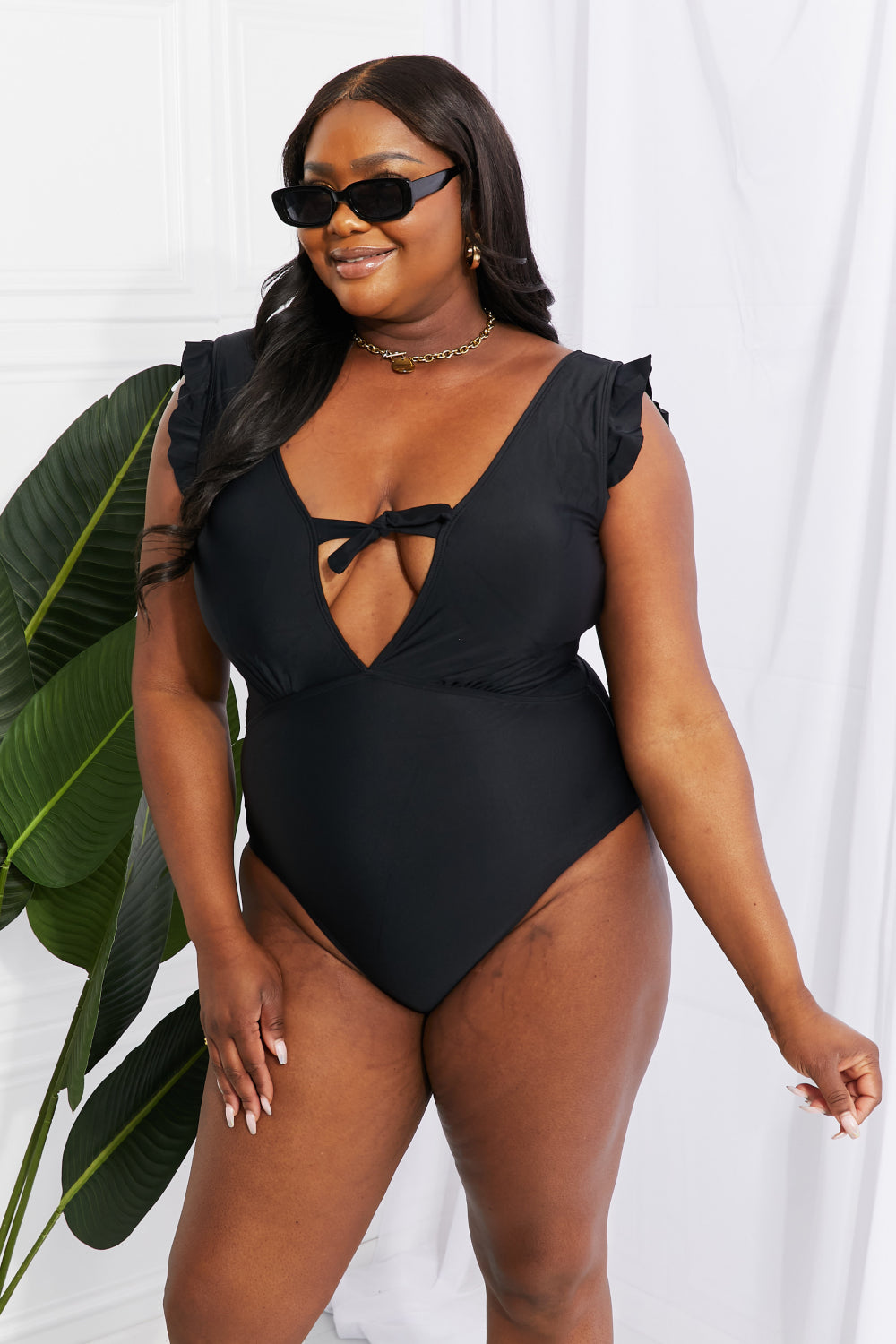 Marina West Swim Seashell Ruffle Sleeve One-Piece in Black free shipping -Oh Em Gee Boutique