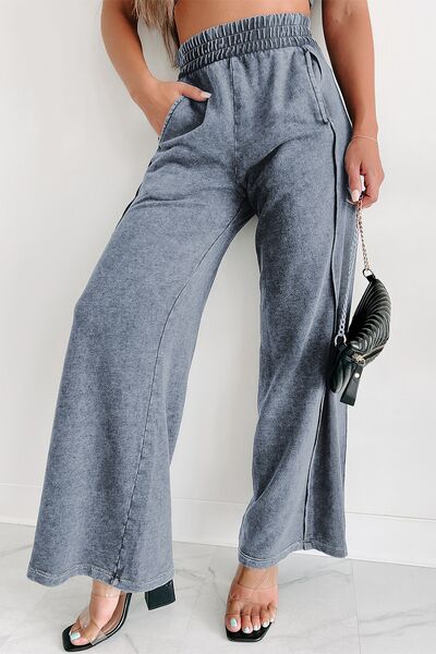 Mineral Wash Smocked Waist Wide Leg Pants free shipping -Oh Em Gee Boutique