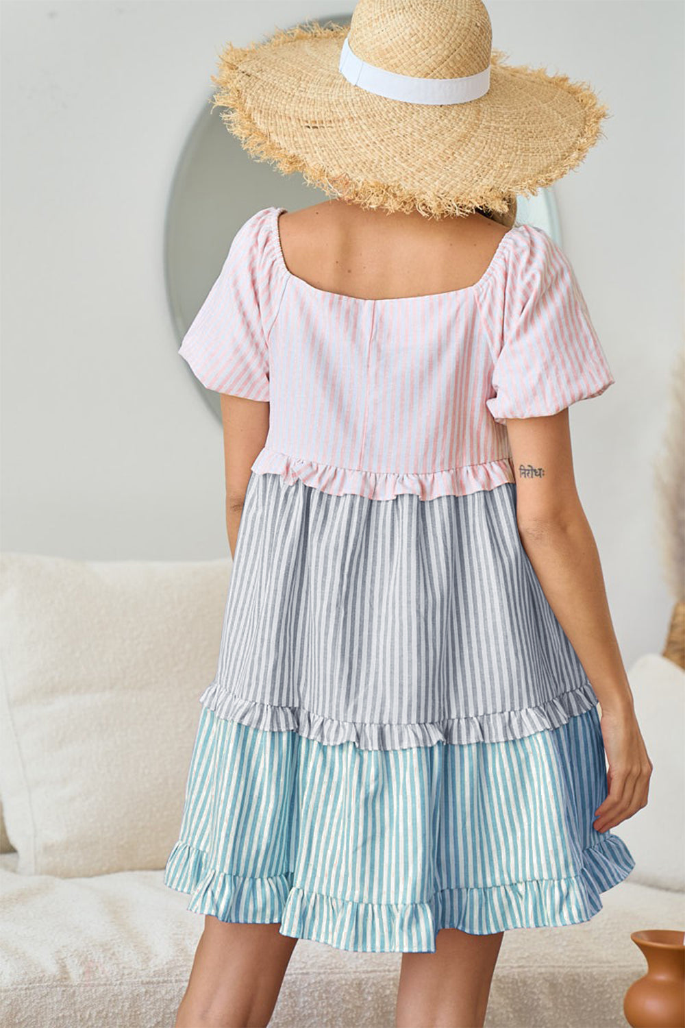 BiBi Square Neck Puff Sleeve Ruffled Hem Tiered Dress free shipping -Oh Em Gee Boutique