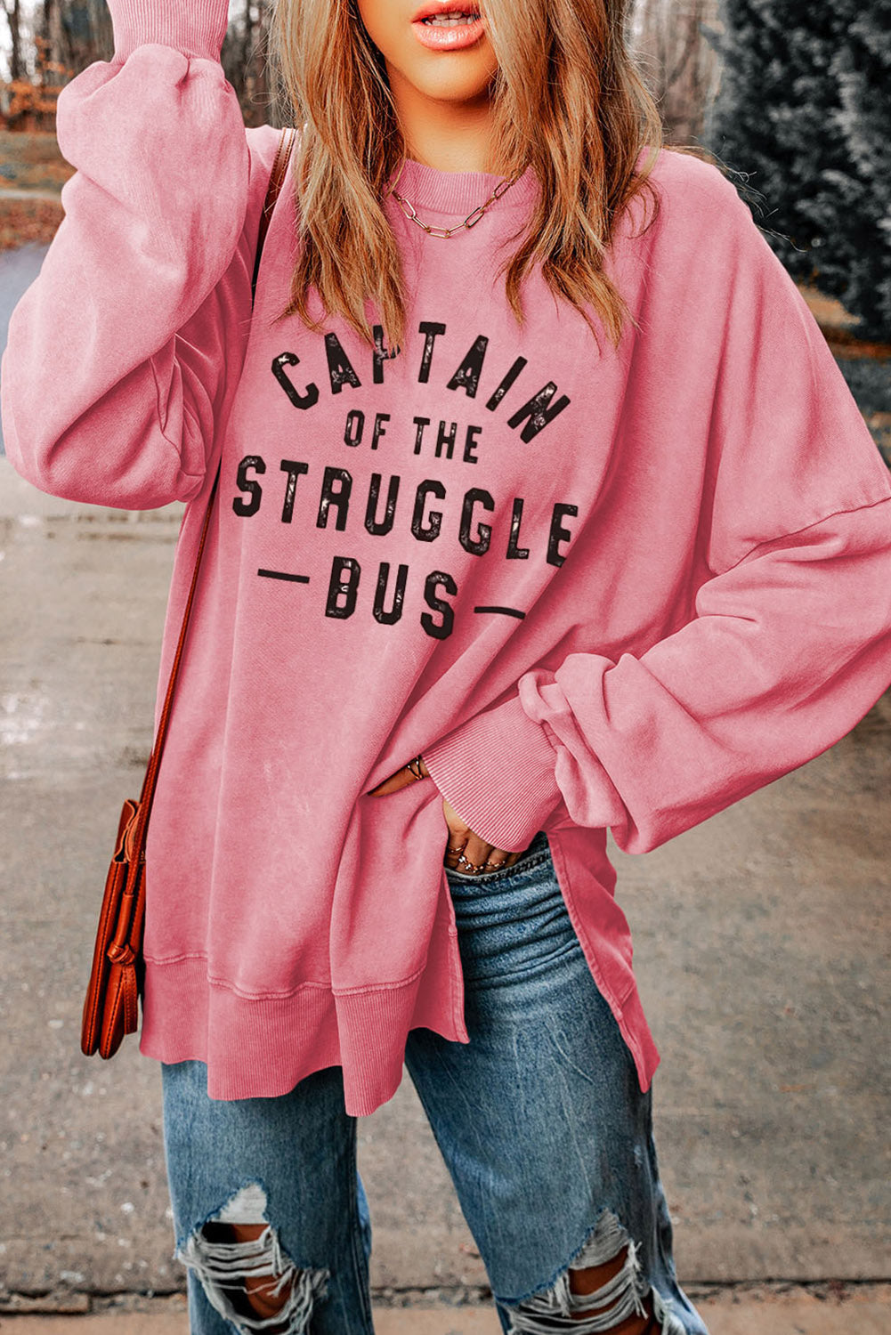 Slogan Graphic Dropped Shoulder Slit Sweatshirt free shipping -Oh Em Gee Boutique