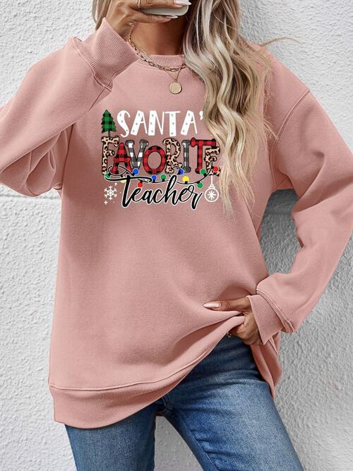 Letter Graphic Sweatshirt, Santa's Favorite Teacher free shipping -Oh Em Gee Boutique