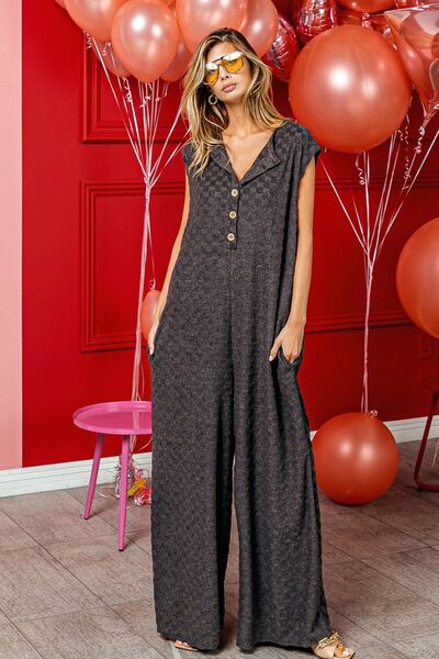 BiBi Checkered Cap Sleeve Wide Leg Jumpsuit with Pockets free shipping -Oh Em Gee Boutique