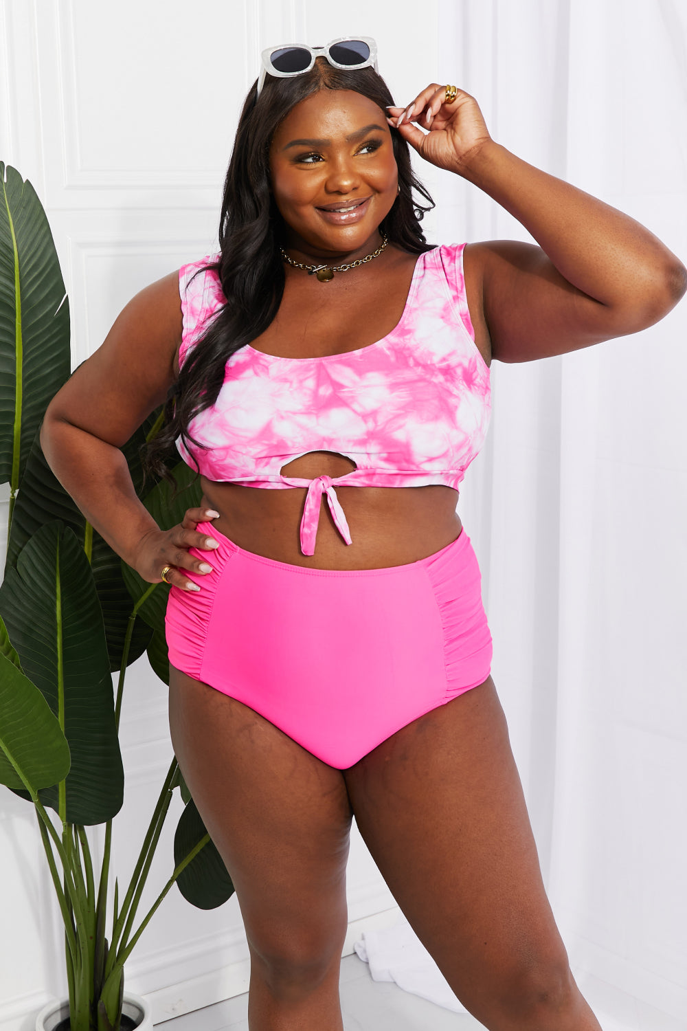 Marina West Swim Sanibel Crop Swim Top and Ruched Bottoms Set in Pink free shipping -Oh Em Gee Boutique