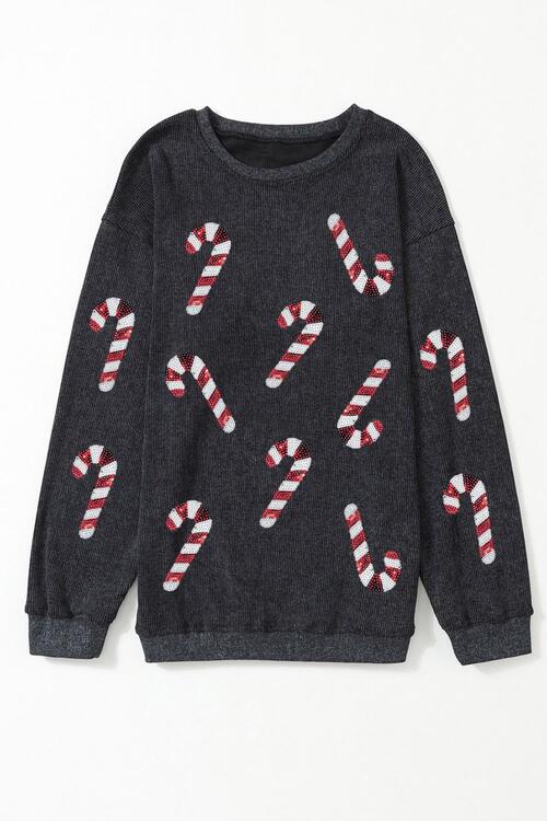 Christmas Sequin Candy Cane Round Neck Sweatshirt free shipping -Oh Em Gee Boutique