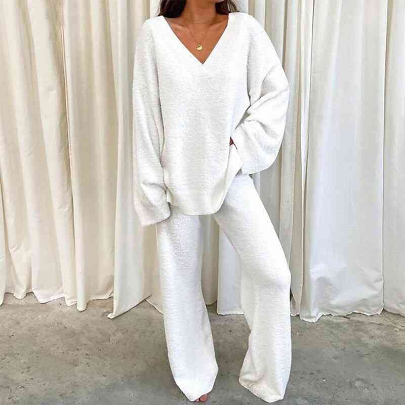 V-Neck Long Sleeve Top and Long Pants Set free shipping -Oh Em Gee Boutique