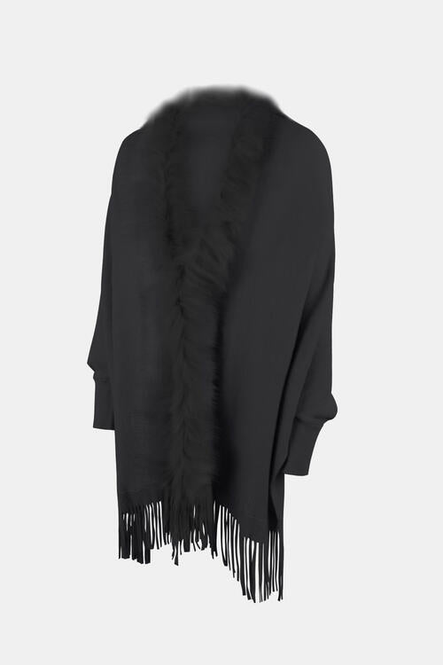 Fringe Open Front Long Sleeve Poncho free shipping -Oh Em Gee Boutique