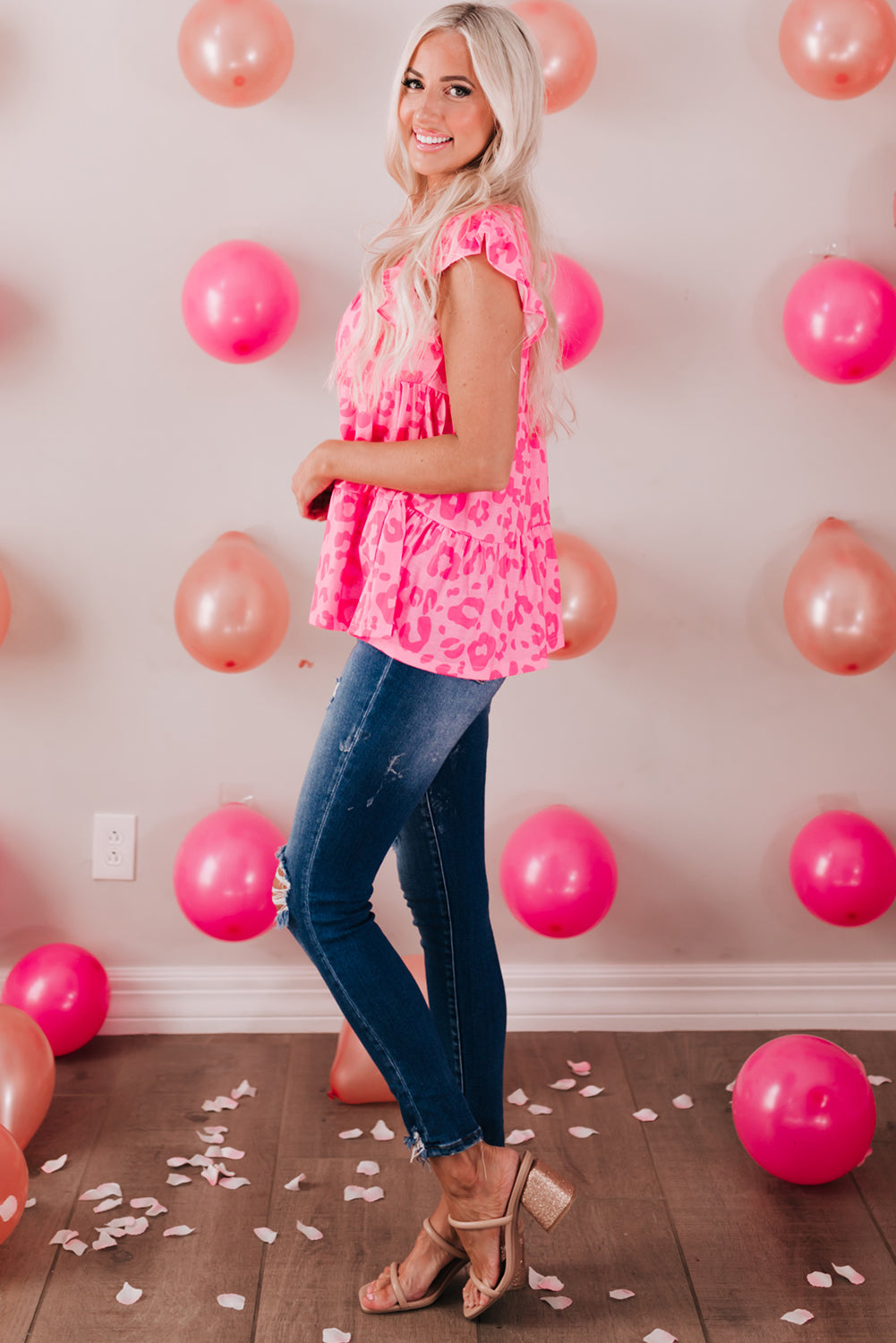 Hot Pink Leopard Round Neck Tiered Blouse free shipping -Oh  Em Gee Boutique