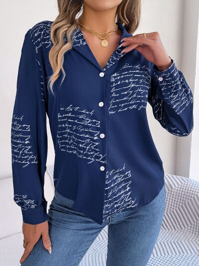 Letter Printed Button Up Long Sleeve Blouse free shipping -Oh Em Gee Boutique