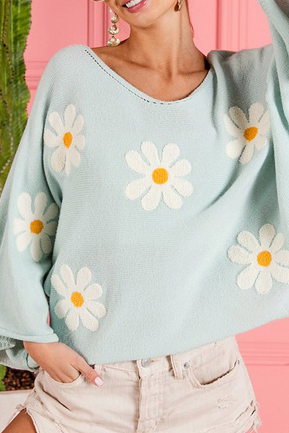 Flower Pattern Long Sleeve Sweater free shipping -Oh Em Gee Boutique