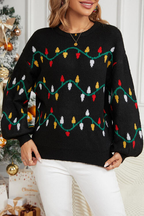Christmas Lights, Round Neck Pattern Lantern Sleeve Sweater free shipping -Oh Em Gee Boutique