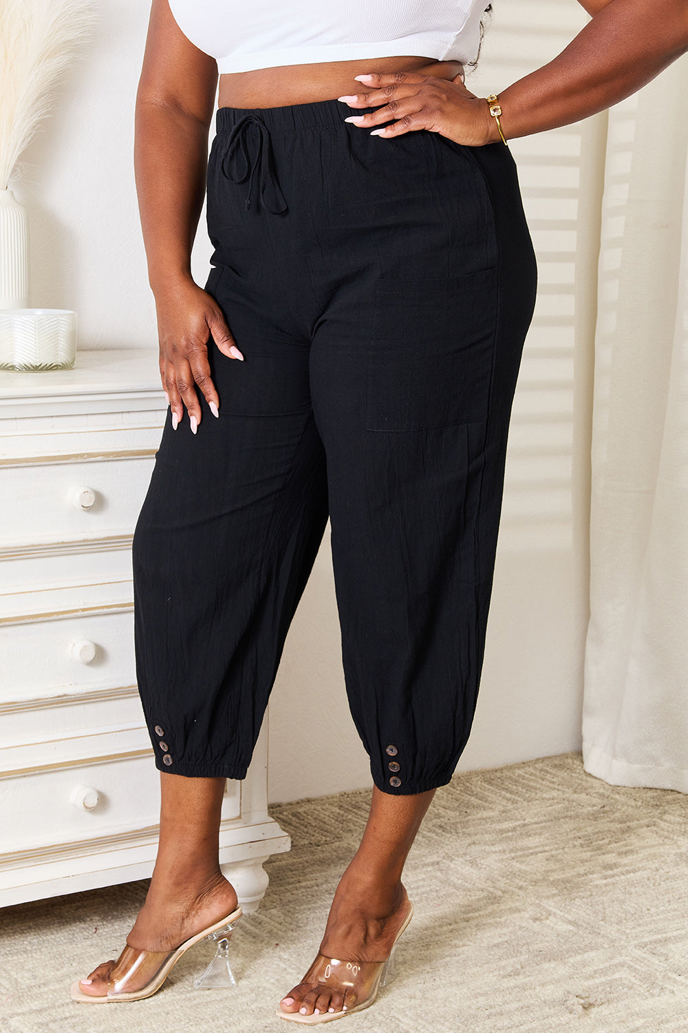 Double Take Decorative Button Cropped Pants free shipping -Oh Em Gee Boutique