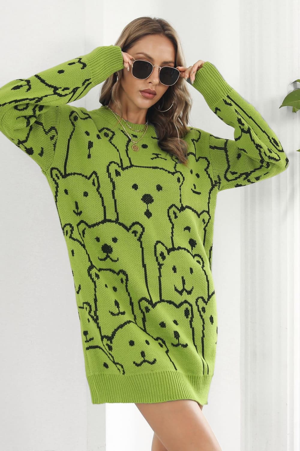 Bear Pattern Round Neck Sweater Dress free shipping -Oh Em Gee Boutique