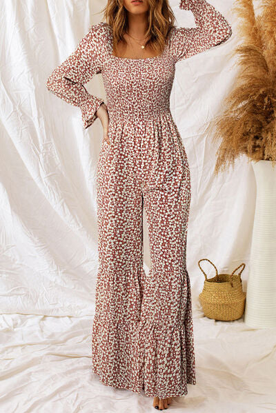 Floral Smocked Flounce Sleeve Square Neck Jumpsuit free shipping -Oh Em Gee Boutique