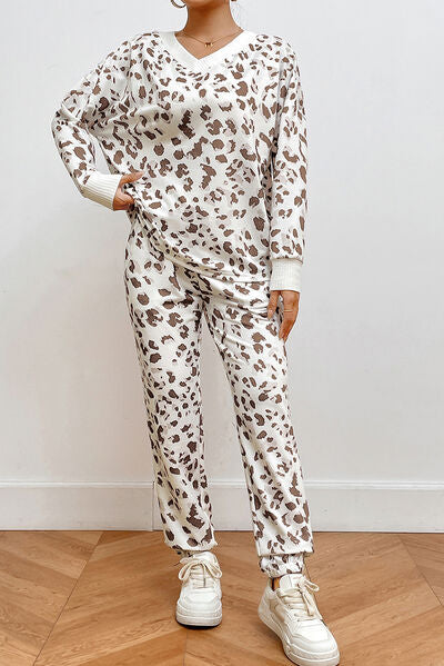Leopard V-Neck Top and Pants Lounge Set free shipping -Oh Em Gee Boutique