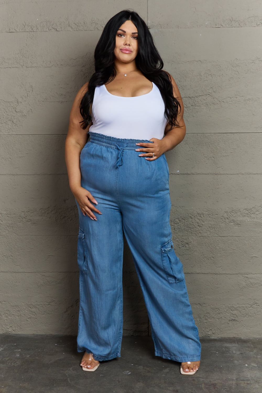 GeeGee Out Of Site Full Size Denim Cargo Pants free shipping -Oh Em Gee Boutique