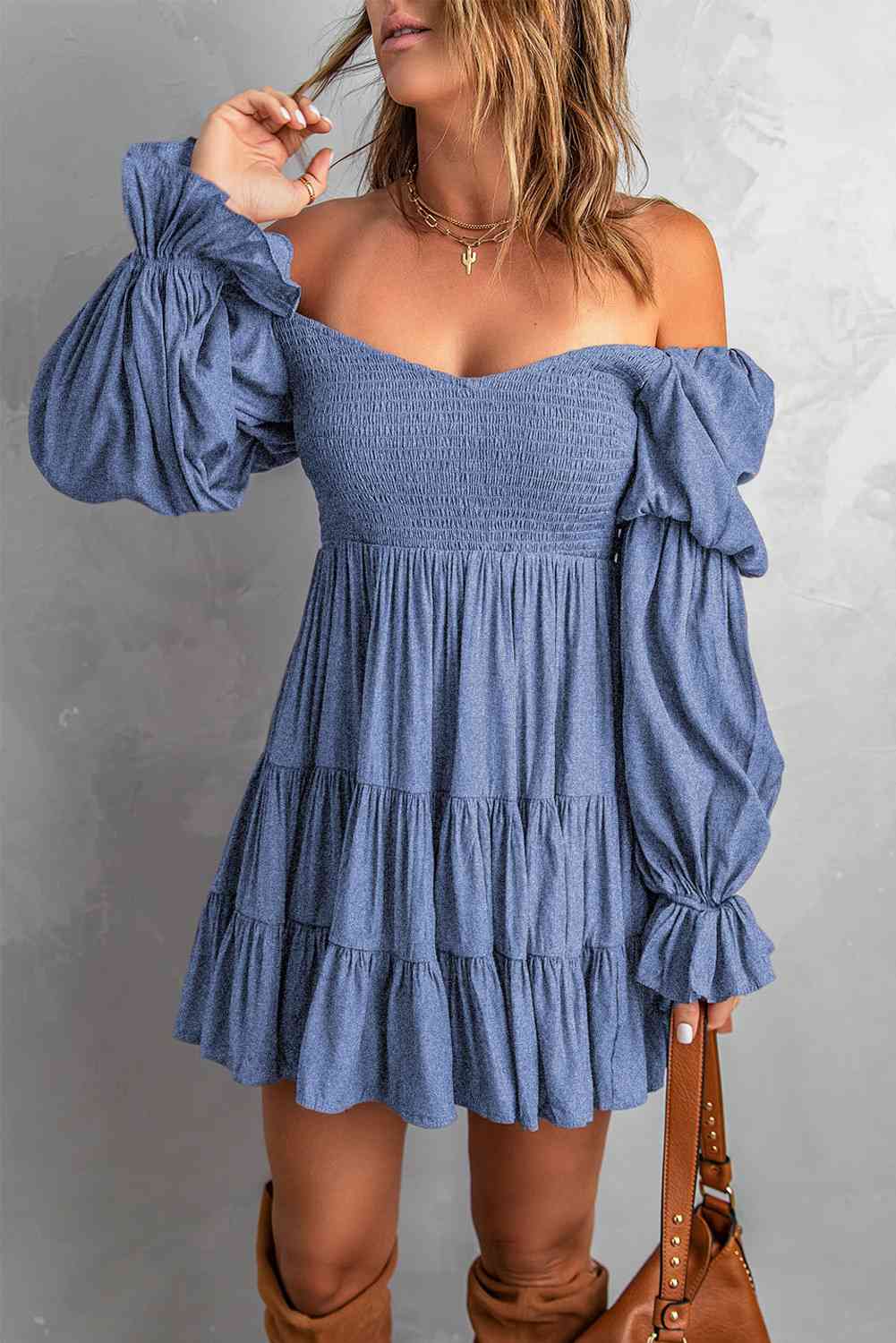 Smocked Off-Shoulder Tiered Mini Dress free shipping -Oh Em Gee Boutique