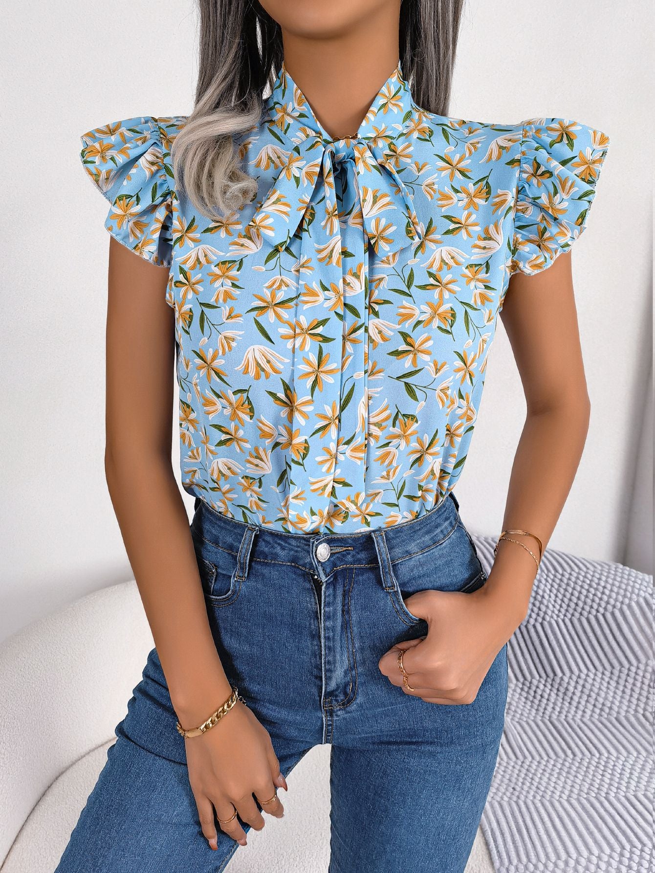 Floral Tie Neck Flutter Sleeve Blouse free shipping -Oh Em Gee Boutique