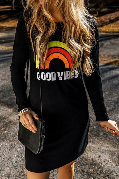 GOOD VIBES Round Neck Long Sleeve Dress free shipping -Oh Em Gee Boutique