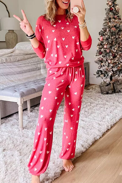 Heart Round Neck Top and Pants Set free shipping -Oh Em Gee Boutique