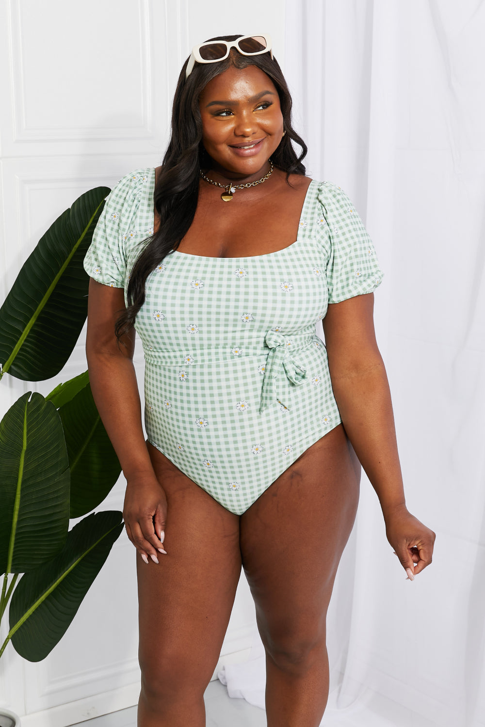 Marina West Swim Salty Air Puff Sleeve One-Piece in Sage free shipping -Oh Em Gee Boutique