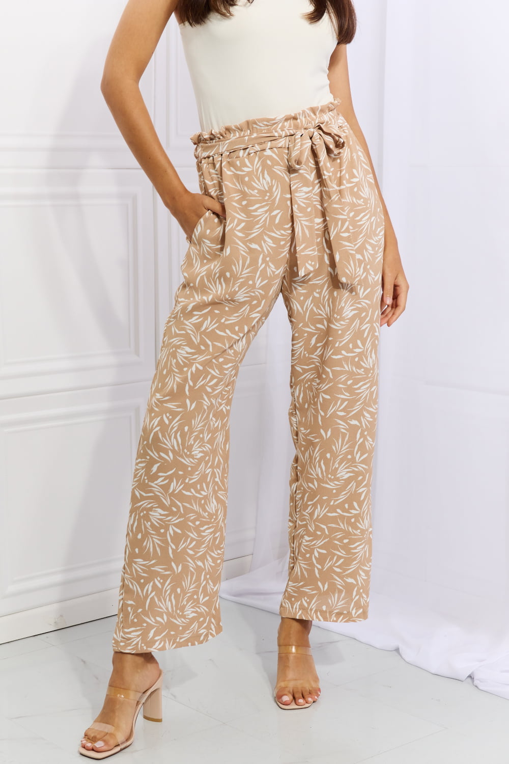 Heimish Right Angle Full Size Geometric Printed Pants in Tan free shipping -Oh Em Gee Boutique