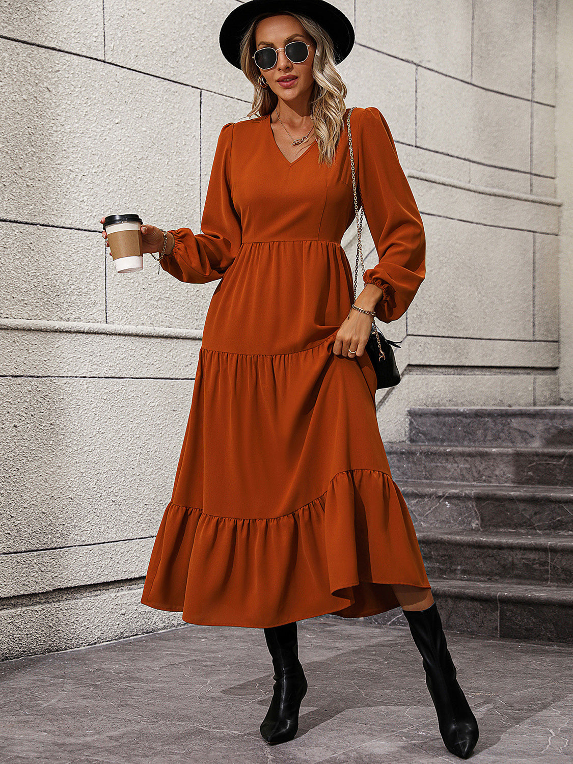 V-Neck Long Sleeve Tiered Dress free shipping -Oh Em Gee Boutique